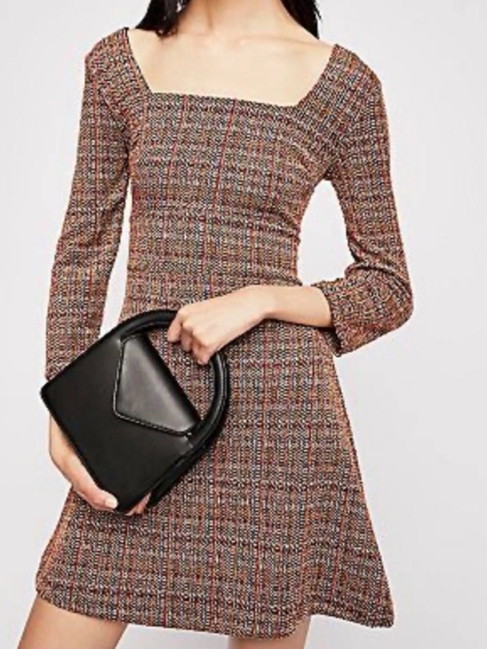 Free People Square-Neck Long Sleeve Brown Plaid Tweed Mini Dress Size 6